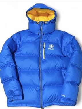 Ralph Lauren RLX Men’s Ripstop 650 Down Puffer Ski Jacket Size Large Blue Yellow